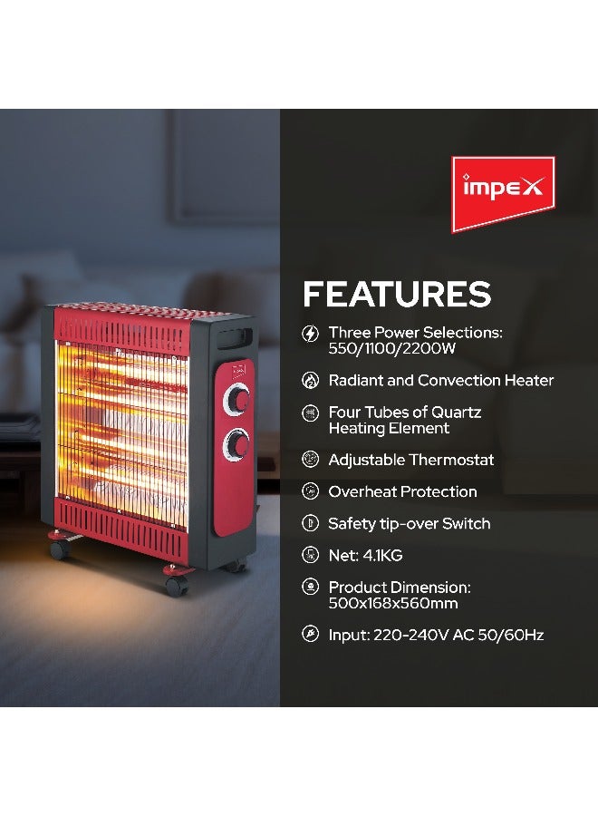 Impex - Quartz Tube Heater 4 Tubes 3 Heating Powers 550/1100/2200W, Over Heat Protection, Castor Base Easy To Move 2200 W HQ 81 Red/Black - Image 1