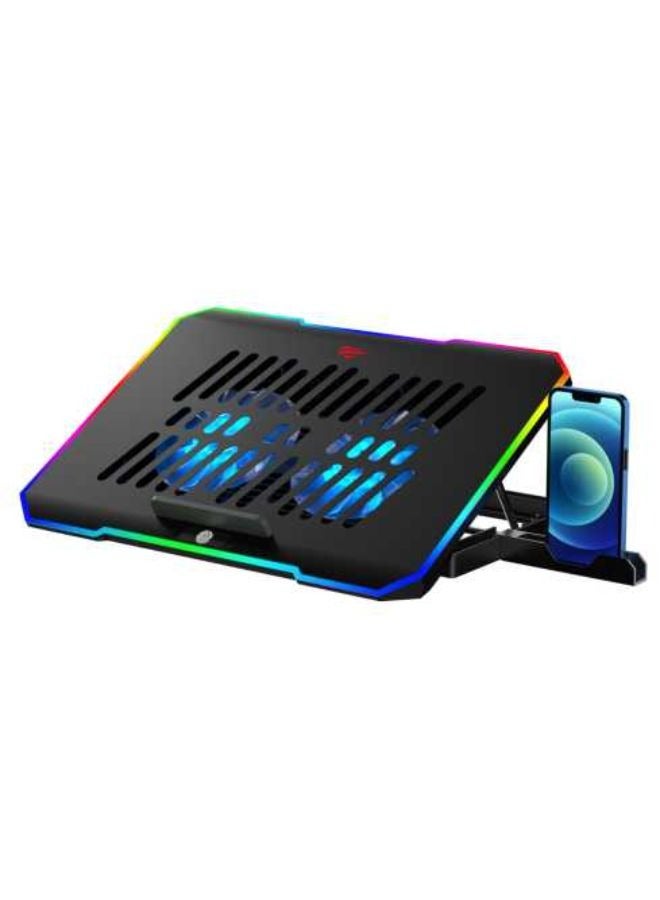 هافيت - F2069 RGB Light 10 وضع الساعة لوحة تبريد رائعة لأجهزة الكمبيوتر المحمول منخفضة الضوضاء مروحة تبريد مع حامل هاتف محمول - Image 1