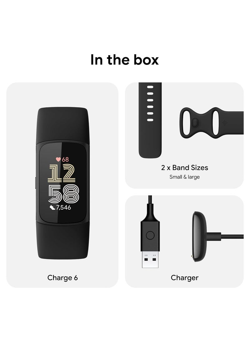 Fitbit - Charge 6 Fitness Tracker with Google apps, Heart Rate on Exercise Equipment, 6-Months Premium Membership Included, GPS, Health Tools and More, Obsidian/Black, One Size (S & L Bands Included) - Image 1