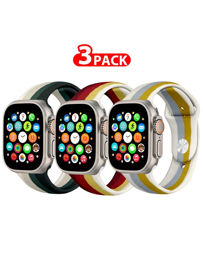 MARGOUN 3 Pack For Apple Watch Band 49Mm 45Mm 44Mm 42Mm Stripe Silicone Replacement Band For iWatch Ultra2 Ultra Series 9/8/7/SE/6/5/4/3/2/1 Multicolour7 - Image 1