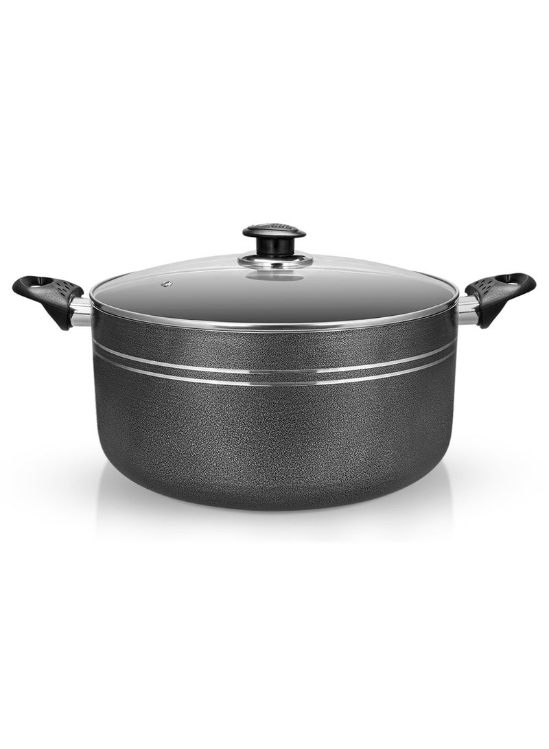 Royalford Royalford 26CM Press Aluminium Casserole RF11962 With 2 MM Body Thikness, Heat Resistant Exterior, Strong Bakelite Handles, Tempered Glass Lid With Steel Frame, PTFE, PFOA Free, Non Stick Coated Black 26cm 
