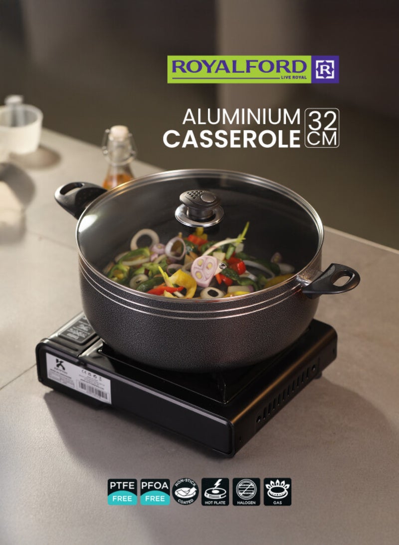 Royalford Press Aluminium 32cm Casserole With 2MM Body Thickness, Heat Resistant Exterior, Strong Bakelite HandlesTempered Glass Lid With Steel Frame, PTFE/PFOA Free Black 32cmcm - Image 2