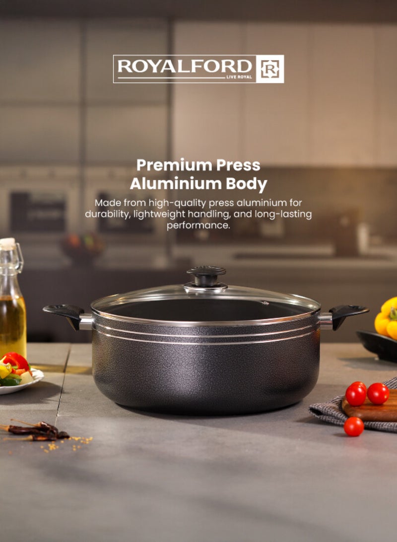 Royalford Press Aluminium 32cm Casserole With 2MM Body Thickness, Heat Resistant Exterior, Strong Bakelite HandlesTempered Glass Lid With Steel Frame, PTFE/PFOA Free Black 32cmcm - Image 5