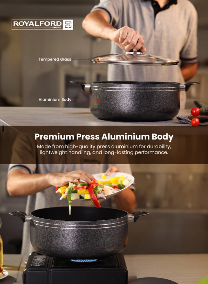 Royalford Press Aluminium 32cm Casserole With 2MM Body Thickness, Heat Resistant Exterior, Strong Bakelite HandlesTempered Glass Lid With Steel Frame, PTFE/PFOA Free Black 32cmcm - Image 4