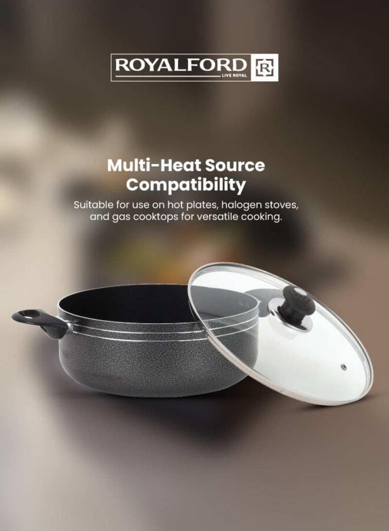 Royalford Press Aluminium 32cm Casserole With 2MM Body Thickness, Heat Resistant Exterior, Strong Bakelite HandlesTempered Glass Lid With Steel Frame, PTFE/PFOA Free Black 32cmcm - Image 3
