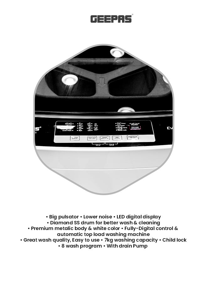 GEEPAS - Fully Automatic Top Load Washing Machine With Durable Body/Highly Efficient/Premium Design/LED Digital Display/Diamond Drum for Better Cleaning 7 kg 720 W GFWM7909WCS-1 White/Black - Image 1