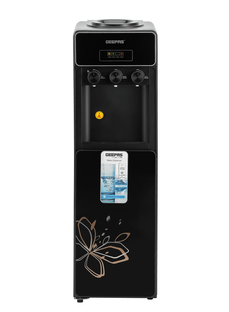 GEEPAS Hot And Cold Water Dispenser With Cabinet, Stainless Steel Water Tank, Normal, Hot & Cold Function, Child Safety Lock, Adjustable Water Flow, 3 Knob Tap, Glass Door, Low Noise, High Efficient GWD17038 Black  - Image 1