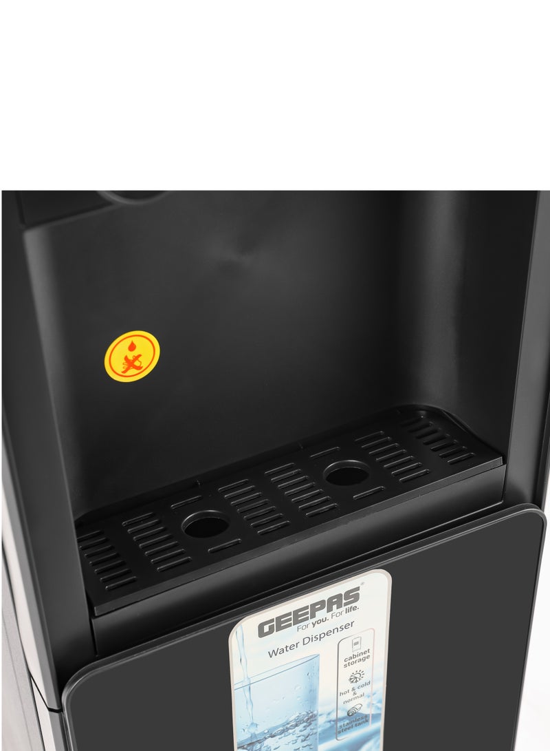 Hot And Cold Water Dispenser With Cabinet, Stainless Steel Water Tank, Normal, Hot & Cold Function, Child Safety Lock, Adjustable Water Flow, 3 Knob Tap, Glass Door, Low Noise, High Efficient GWD17038 Black