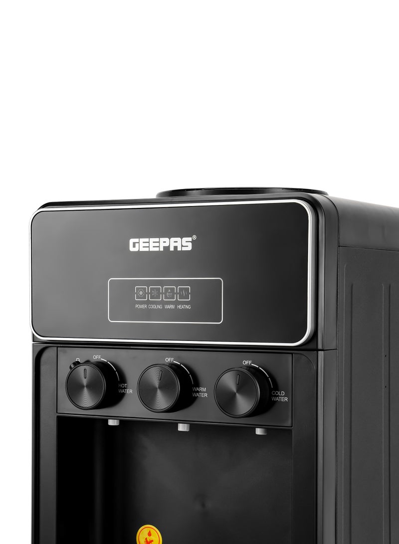 Hot And Cold Water Dispenser With Cabinet, Stainless Steel Water Tank, Normal, Hot & Cold Function, Child Safety Lock, Adjustable Water Flow, 3 Knob Tap, Glass Door, Low Noise, High Efficient GWD17038 Black