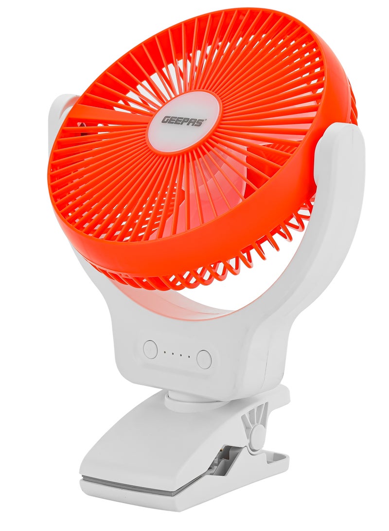 GEEPAS 8 Inch Multi Angle LED Clip Fan, 9 Hours Working Time, AC/DC Function, 1500 mAh Lithium Battery, Two Level LED, Up/Down Tilting, Charging Indicator, Full Charged Indicator, Working Indicator GF21121 Orange & white  - Image 1