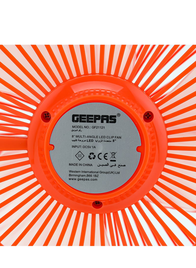 GEEPAS 8 Inch Multi Angle LED Clip Fan, 9 Hours Working Time, AC/DC Function, 1500 mAh Lithium Battery, Two Level LED, Up/Down Tilting, Charging Indicator, Full Charged Indicator, Working Indicator GF21121 Orange & white  - Image 5