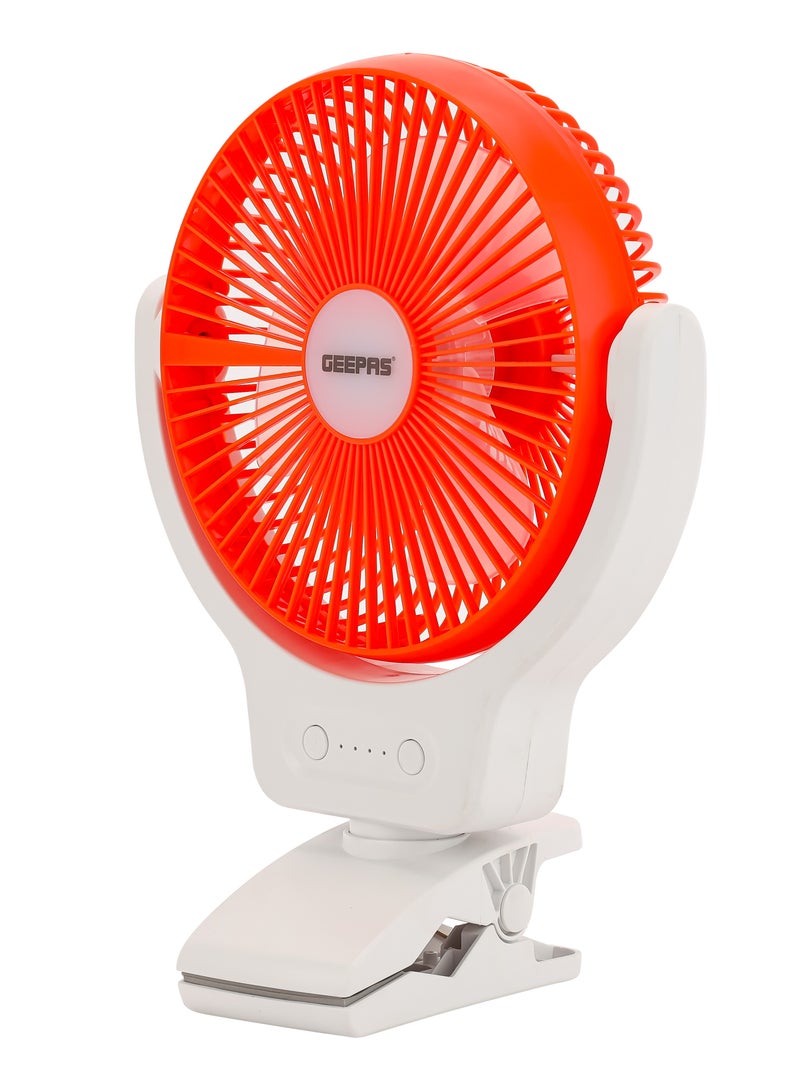 GEEPAS 8 Inch Multi Angle LED Clip Fan, 9 Hours Working Time, AC/DC Function, 1500 mAh Lithium Battery, Two Level LED, Up/Down Tilting, Charging Indicator, Full Charged Indicator, Working Indicator GF21121 Orange & white  - Image 2