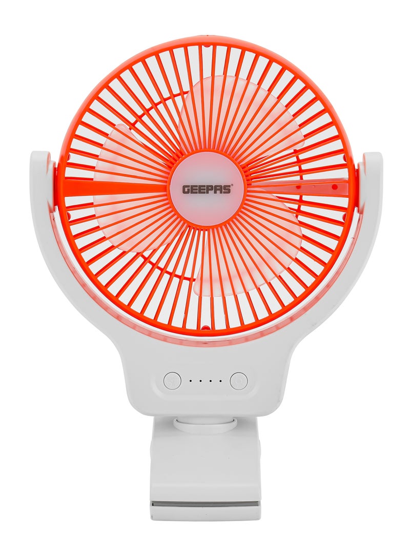 GEEPAS 8 Inch Multi Angle LED Clip Fan, 9 Hours Working Time, AC/DC Function, 1500 mAh Lithium Battery, Two Level LED, Up/Down Tilting, Charging Indicator, Full Charged Indicator, Working Indicator GF21121 Orange & white  - Image 3