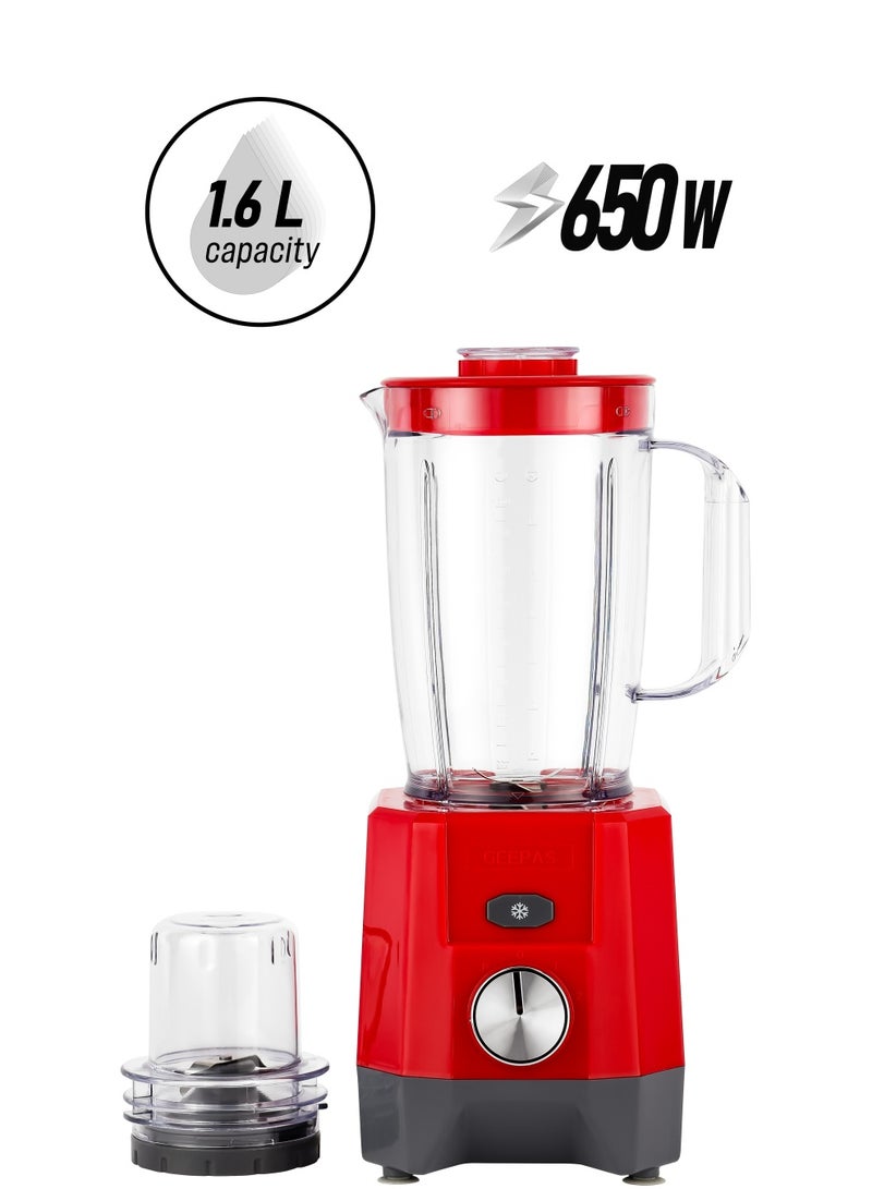 GEEPAS - 2 in 1 Blender With 1.6 Liter Capacity Jar With Small Grinder, Stainless Steel Blades, Two Speed With Pulse Function, 650 Watt High Power With Motor Overheat Protection, Chrome Plating Switch 1.6 L 650 W GSB44107 Red - Image 1