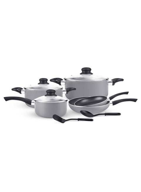 Royalford 10 Piece Non-Stick Cookware Set- RF11972| Press Aluminum Body with 3 Layer Coating | CD Base, Bakelite Handles and Tempered Glass Lid| Grey na