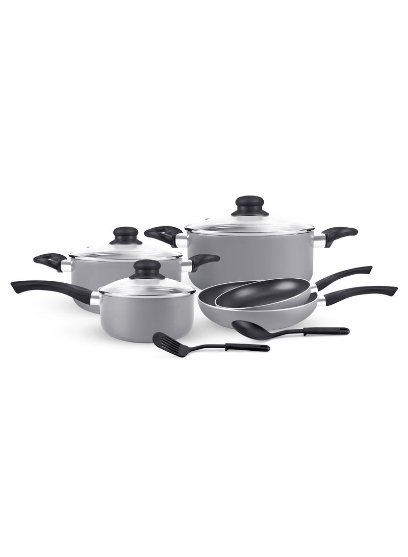 Royalford Royalford 10 Piece Non-Stick Cookware Set- RF11972| Press Aluminum Body with 3 Layer Coating | CD Base, Bakelite Handles and Tempered Glass Lid| Grey na 