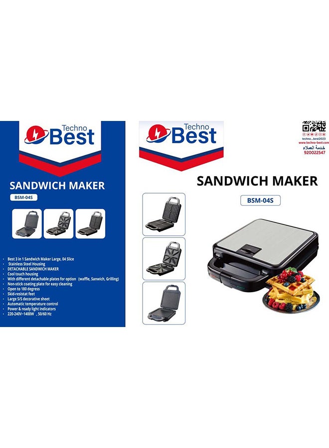 3-In-1 4 Slice Large Sandwich Maker 1400 W BSM-04S Silver