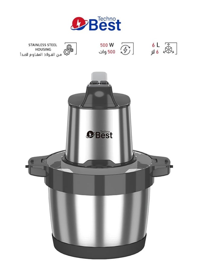 تكنو بيست - مفرمة طعام 6 لتر 500 وات BSC-06L فضي - Image 1