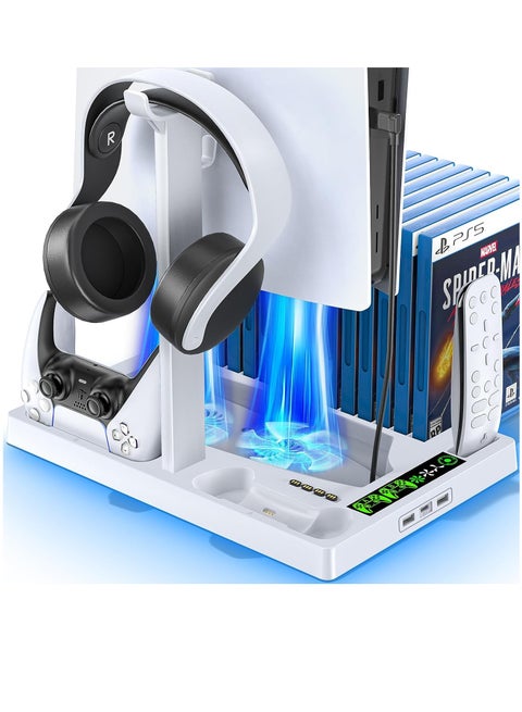 PS5 Cooling Stand With Controller Charger, Cooling Station With 3-Level Speeds Cooling Fan, PS5 Controller Charging Doking Station With 15 Games Organizer & Headset Holder For Playstation 5 Console