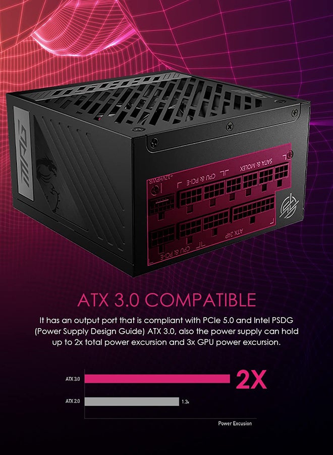 MSI MPG A1000G PCIE5 1000W Power Supply, Full Modular Design, 80 Plus Gold Certified, 135mm Active PFC Fan, Compliant with PCIe 5.0, 100% All Japanese 105°C Capacitor Black  - Image 3