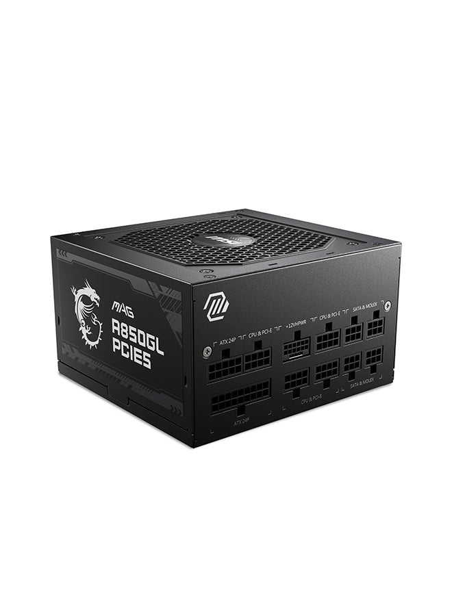 MSI MAG A850GL PCIE5 850W Modular Power Supply, Intel ATX12V Version 3.0, 120mm Cooling Fan, 80 Plus Gold Efficiency Rating, 4 x PCIe 6+2-Pin Connectors, 8 x SATA Connectors, Black | 306-7ZP8A18-CE0 Black  - Image 1