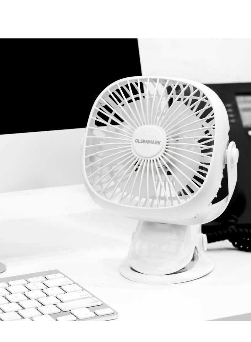 Olsenmark - Rechargeable Multifunction Mini Fan- 1W | Adjustable Angle, Use Clip & Table, Rechargeable Lithium Battery, LED Night Light, Brush Less Motor OMF1835 WHITE - Image 1