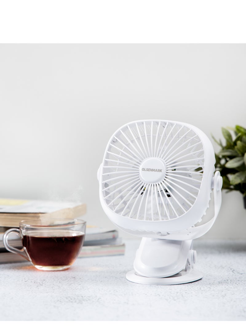 Olsenmark - Rechargeable Multifunction Mini Fan- 1W | Adjustable Angle, Use Clip & Table, Rechargeable Lithium Battery, LED Night Light, Brush Less Motor OMF1835 WHITE - Image 1