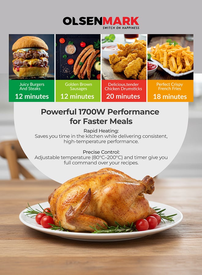 أولسنمارك مقلاة هوائية رقمية من أولسنمارك مع وعاء وصينية قلي غير لاصقة، طهي خالي من الزيت/ شاشة LED مع شاشة تعمل باللمس، 7 أوضاع طهي مسبقة الإعداد، مؤقت من 1 إلى 60 دقيقة - Image 5