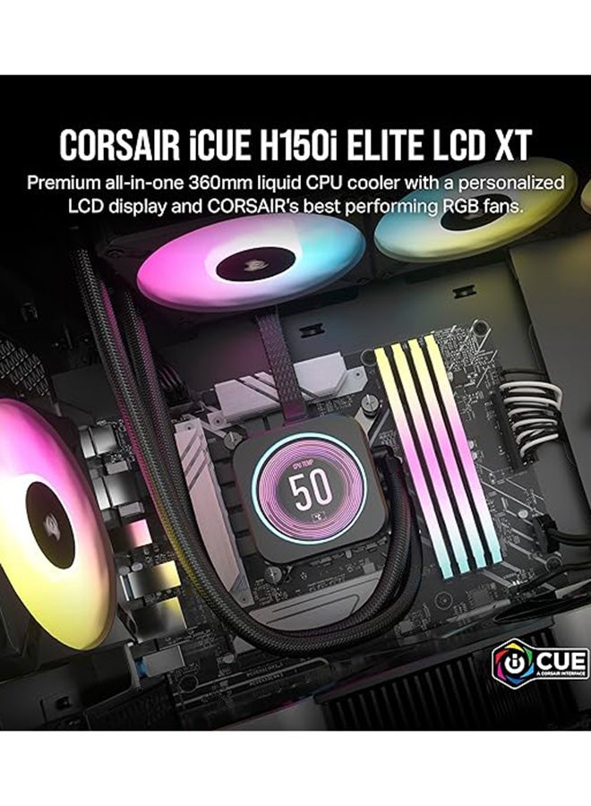 CORSAIR iCUE H150i Elite LCD XT Liquid CPU Cooler - IPS LCD Screen - Three AF120 RGB Elite Fans - 360mm Radiator - Fits Intel LGA 1700, AMD AM5, and More - Included iCUE Commander CORE black  - Image 2