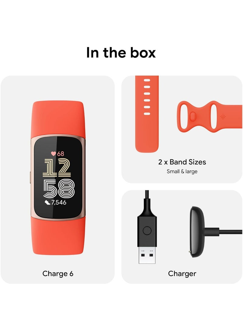 Fitbit - Charge 6 Fitness Tracker with Google apps, Heart Rate on Exercise Equipment, GPS, Health Tools and More, Coral/Light Gold, One Size (S & L Bands Included) - Image 1