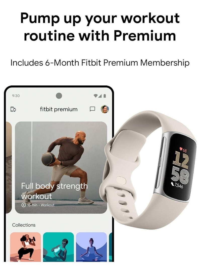Fitbit - Charge 6 Fitness Tracker with Google apps, Heart Rate on Exercise Equipment, GPS, Health Tools and More, Porcelain/Silver, One Size (S & L Bands Included) - Image 1