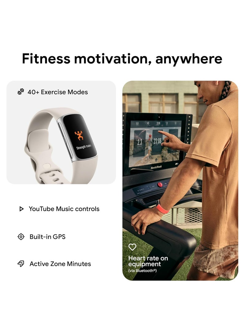Fitbit - Charge 6 Fitness Tracker with Google apps, Heart Rate on Exercise Equipment, GPS, Health Tools and More, Porcelain/Silver, One Size (S & L Bands Included) - Image 1