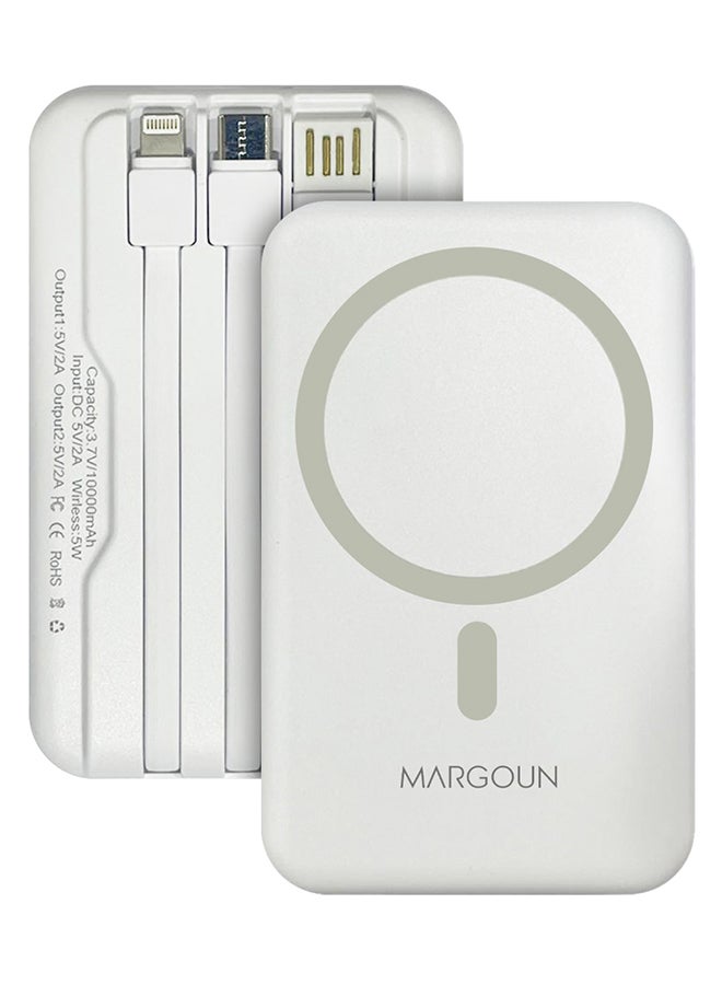 MARGOUN 10000 mAh Magnetic Battery Pack Power Bank With Cable Slim Light-Weight Wireless Charger And LED Indicator White  - Image 1