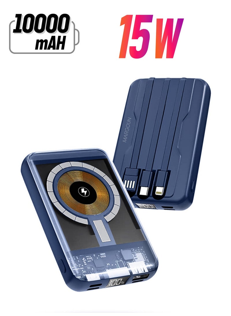 MARGOUN 10000 mAh Transparent Maganetic Wireless Power Bank Fast Charging Built-In 3-In-1 Cables Digital Display Lithium Polymer Blue  - Image 1