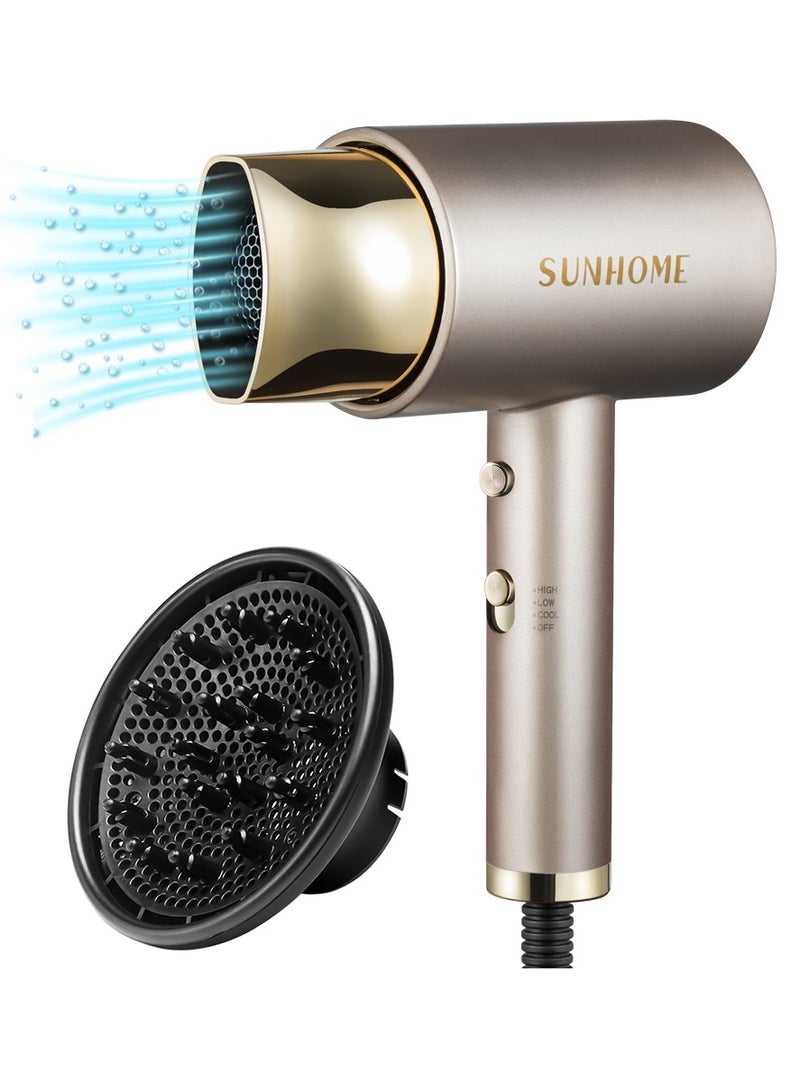 Sunhome - 1800W Blow Dryer With Diffuser, Professional Hair Dryer Constant Temperature Hair Care For Light And Quiet Gold - Image 1
