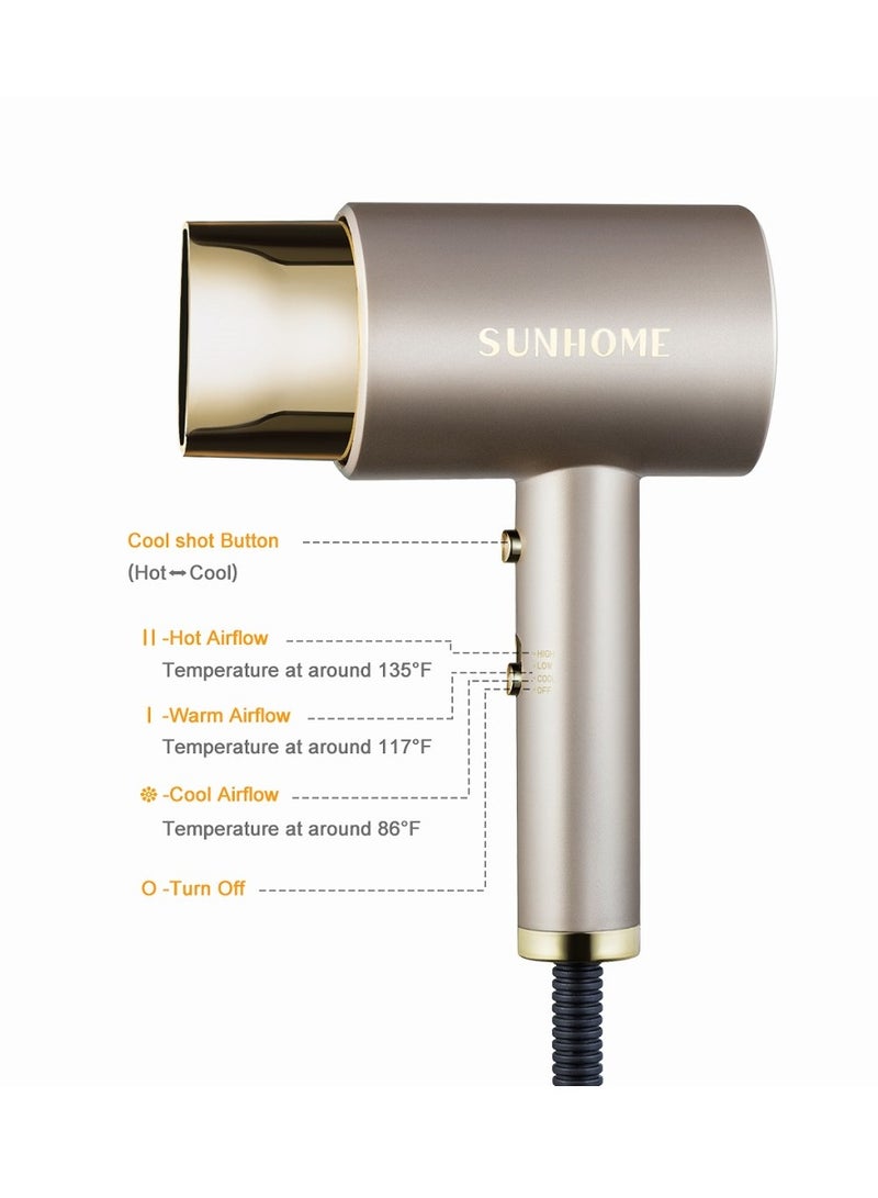 Sunhome - 1800W Blow Dryer With Diffuser, Professional Hair Dryer Constant Temperature Hair Care For Light And Quiet Gold - Image 1