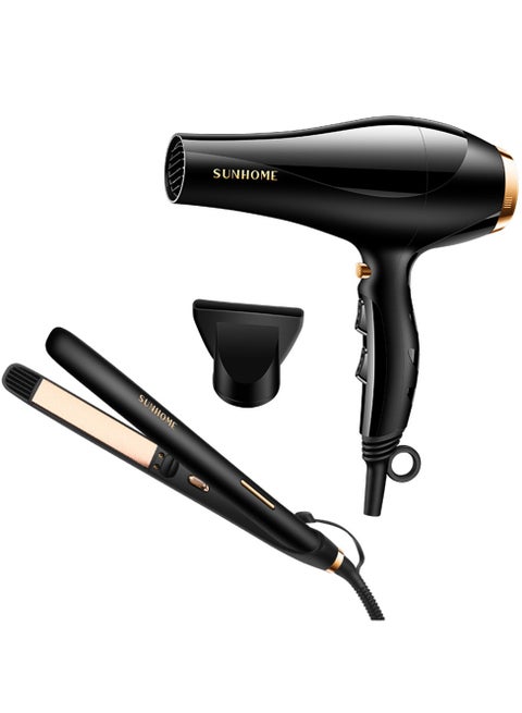 3-Piece Professional Hair Dryer With Straightener Set Black