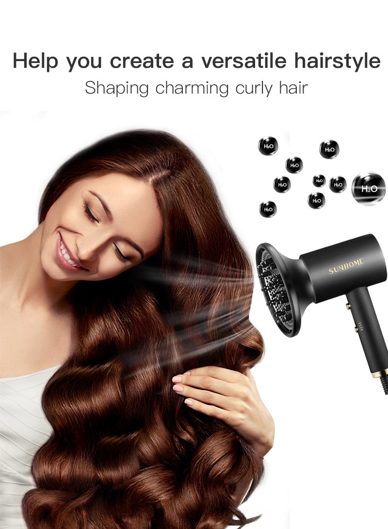 Sunhome 1800W Blow Dryer With Diffuser, Professional Hair Dryer Constant Temperature Hair Care For Light And Quiet Black  - Image 4