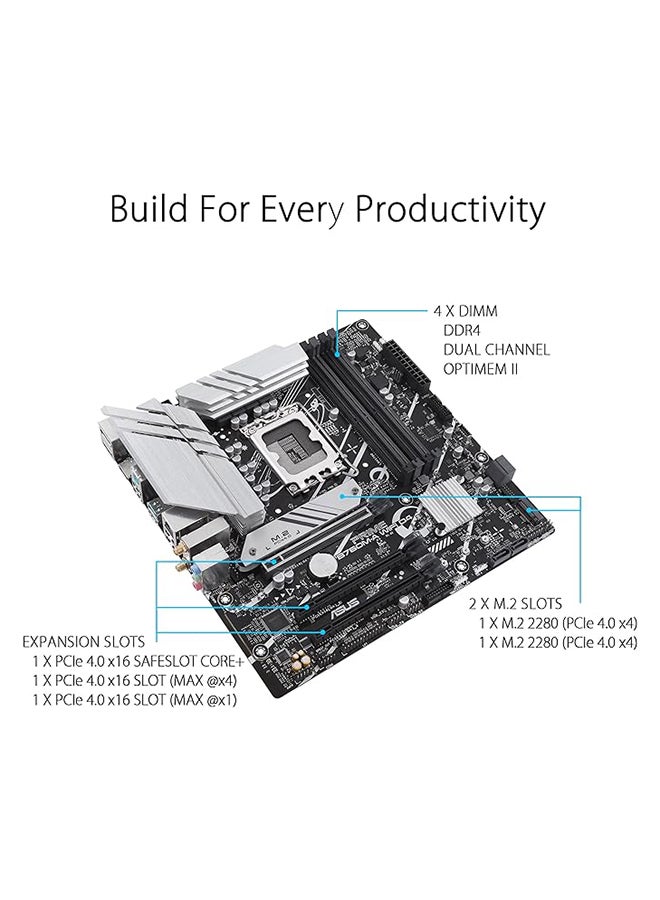 أسوس - اللوحة الأم PRIME B760M-A WIFI D4 LGA1700 mATX، مجموعة شرائح Intel B760، 4x DDR4 DIMM، ذاكرة تصل إلى 128 جيجابايت كحد أقصى، Wi-Fi 6 / 2.5Gb ETH / BT v5.2، PCIe 4.0، USB 3.2 Type-C، 2*M .2 HDMI/DP | 90MB1CX0-M0EAY0 أسود - Image 1