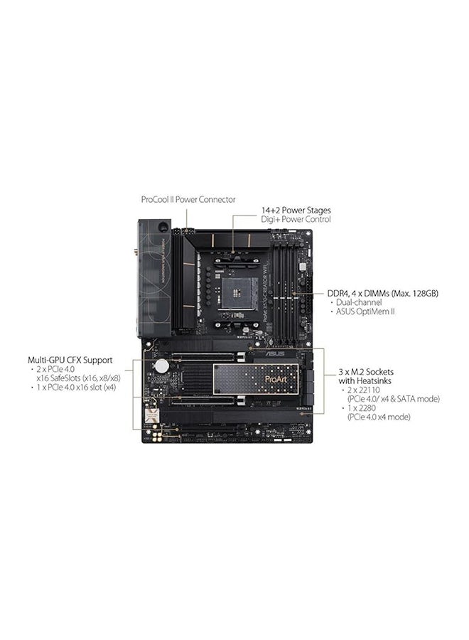 أسوس ProArt X570-Creator WiFi AMD X570S Ryzen AM4 ATX اللوحة الأم لإنشاء المحتوى (PCIe 4.0، تبريد PCH السلبي، 2xThunderbolt 4 منافذ من النوع C، 10 جيجا بايت و2.5 جيجا بايت LAN، WiFi 6E، 3X M.2 فتحات، مركز المبدع)  - Image 3