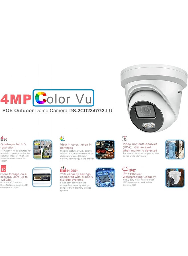 HIKVISION - DS-2CD2347G2-LU 4MP IP 247 Full Color 2.8mm PoE Turret Dome Camera Outdoor IP67 IK10 H.265+ Built in Mic English Version Human Detection, Compatible with Hikvision NVR White - Image 1