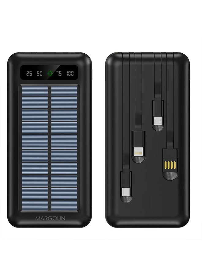 MARGOUN 10000 mAh Solar Power Bank Big Capacity Charging Powerbank With Cable External Battery Phone Fast Charger Black  - Image 1