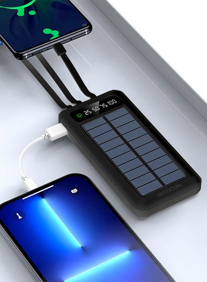10000 mAh Solar Power Bank Big Capacity Charging Powerbank With Cable External Battery Phone Fast Charger Black