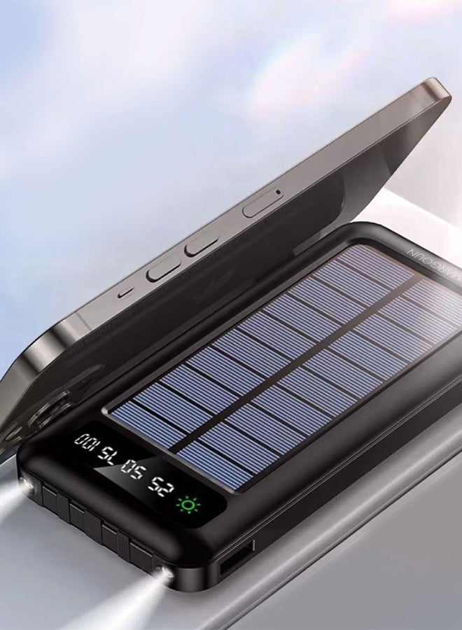 10000 mAh Solar Power Bank Big Capacity Charging Powerbank With Cable External Battery Phone Fast Charger Black