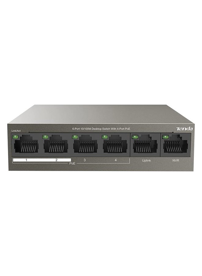 Tenda - PoE Switch 6-Port 10/100Mbps (4 PoE+ & 2 Uplink Ports, 58 W for all PoE Ports, QoS, 250m Transmission Distance, 802.3at/af, Desktop/Wall Mounting, Metal Case, Plug and Play) (TEF1106P-4-63W) Brown - Image 1