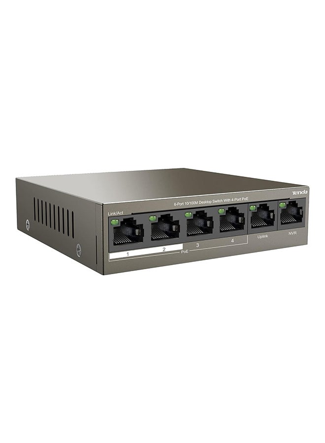 Tenda - PoE Switch 6-Port 10/100Mbps (4 PoE+ & 2 Uplink Ports, 58 W for all PoE Ports, QoS, 250m Transmission Distance, 802.3at/af, Desktop/Wall Mounting, Metal Case, Plug and Play) (TEF1106P-4-63W) Brown - Image 1