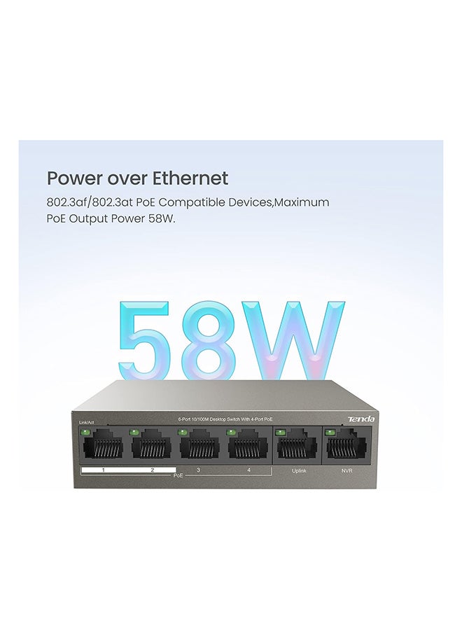 Tenda - PoE Switch 6-Port 10/100Mbps (4 PoE+ & 2 Uplink Ports, 58 W for all PoE Ports, QoS, 250m Transmission Distance, 802.3at/af, Desktop/Wall Mounting, Metal Case, Plug and Play) (TEF1106P-4-63W) Brown - Image 1