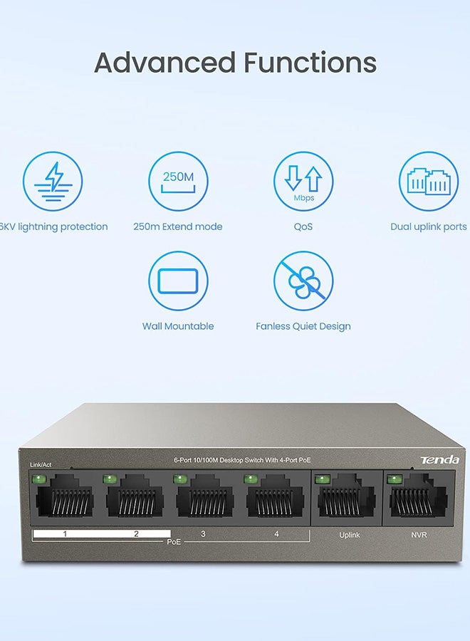 Tenda - PoE Switch 6-Port 10/100Mbps (4 PoE+ & 2 Uplink Ports, 58 W for all PoE Ports, QoS, 250m Transmission Distance, 802.3at/af, Desktop/Wall Mounting, Metal Case, Plug and Play) (TEF1106P-4-63W) Brown - Image 1