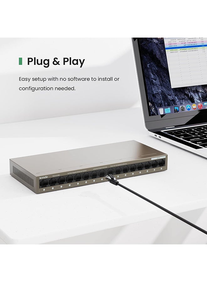 Tenda 16-Port Gigabit Ethernet Switch, 6 kV Lightning Protection, 32Gbps Capacity, 2Mb Buffer, Mini Steel Shell, One Key VLAN, <12W Power Consumption | TEG1016M Brown  - Image 4