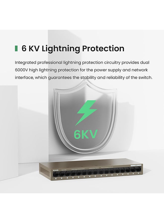 16-Port Gigabit Ethernet Switch, 6 kV Lightning Protection, 32Gbps Capacity, 2Mb Buffer, Mini Steel Shell, One Key VLAN, <12W Power Consumption | TEG1016M Brown